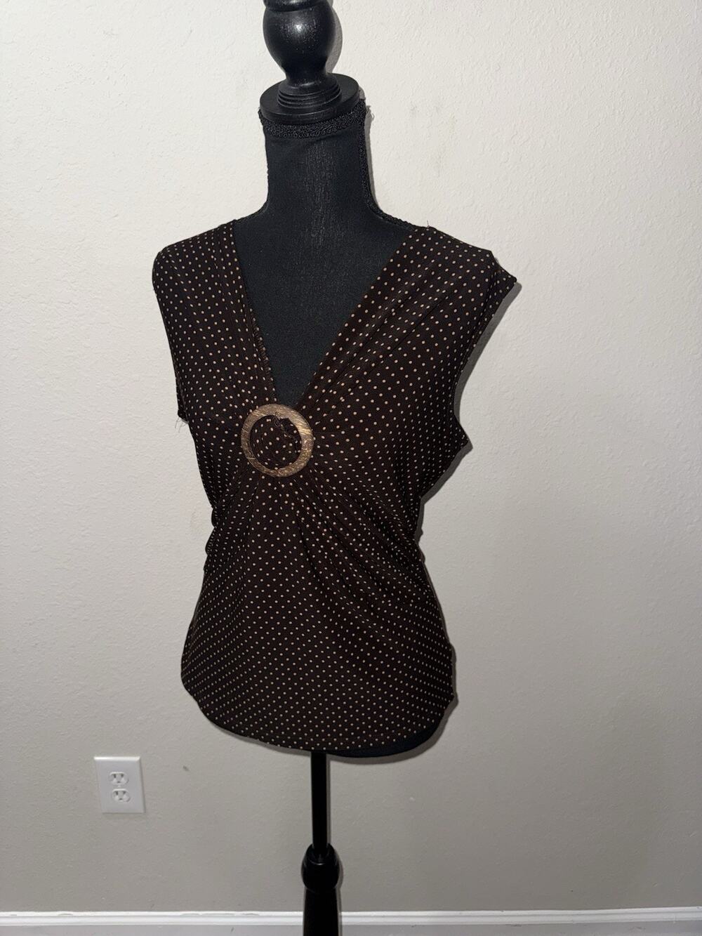 Susan Lawrence Womens Brown Polka Dot Tank Top Sz M Babydoll Ring Belt Y2K USA
